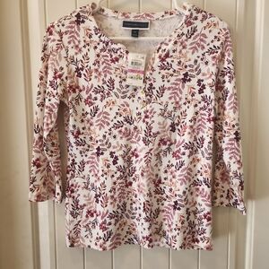 Karen Scott Burgundy and Pink Floral 3/4 Sleeve Top, PS, NWT